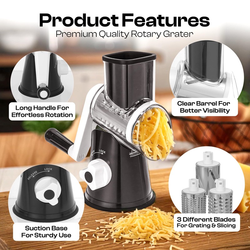 Reecaz Rotary Cheese Grater with 3 Stainless Steel Blades –