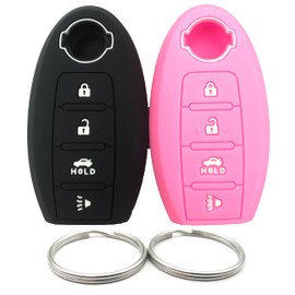 Silicone Rubber Key Fob Cover Compatible with 2007-2019 Nissan 350Z 370Z Altima Armada GT-R Maxima Murano Pathfinder Rogue Select Sentra Titan Versa Note Xterra (Rubber, Black+Pink)