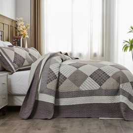 FineStichery 100% Cotton King Bedspread 120"x120", Oversized Quilt with Pillow Shams, Farmhouse Quilted Plaid Bed Spread Coverlet, Lightweight Bedding Cover, 3 Piece, Brown/Gray