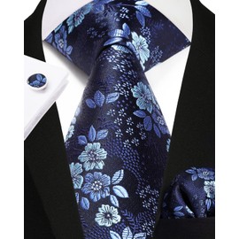 Enlision Mens Ties Navy Blue Floral Tie and Pocket Square Cufflinks Set Formal Necktie for Wedding Party Business