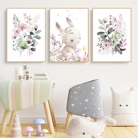 Children's Room Pictures, Set of 3, Rabbit and Leaf Flower Pictures, Wall Pictures, Decorative Rabbit Pictures, Children's Room, Girls and Boys, Baby Room Decoration, Without Frame (30 x 40 cm)