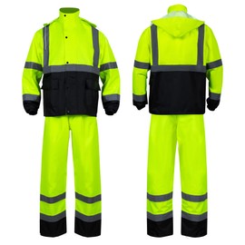 Class 3 High Visibility Rain Suit With Detachable Hood Waterproof Lime Reflective Safety Worker Jacket & Pants (L/XL Yellow)