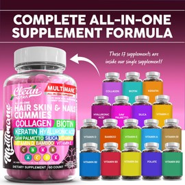 Clean Nutraceuticals Biotin Collagen Keratin Gummies | Hair Skin and Nails Vitamins for Women | Hyaluronic Acid Bamboo Vitamin A C D3 E Folate With Saw Palmetto Silica B3 B12 Vegan Gummy