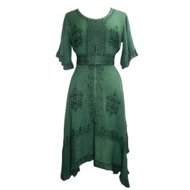 Agan Traders Women's 2025 Summer Boho Vintage Embroidered Short Sleeve Long Maxi Gown Dress with Uneven Hem and Scoop Neck (186014 DR, M, EGr) E Green