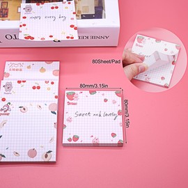 Cute Kawaii Sticky Notes 3.1x3.1in 4Pads 80Sheets/Pad Self-Stick Note Pads Cute Colorful Super Sticky Note Pads 4 Unique Cute Patterns,Fruits Sticky Notes