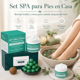 Set SPA para Pies en Casa, Bolas de Remojo 10 pzs y Crema para Pies 100 g con 40% Urea y 2% Ácido Salicílico