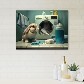 DesignQ Bathroom Oversized Wall art decor, Bathroom Wall Art, Rabbit s Laundry Humor I, Gold Modern Canvas wall art, 20x12 inches
