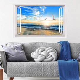 ANHUIB 3D Fake Window Wall Sticker Seagull Beach Wall Stickers Seaside Landscape Wall Stickers 3D Sea View Wall Art for Living Room Mural Decals for Bedroom Bathroom Removable Seascape Decals 84×52cm