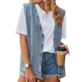 Leyoutx Women's Sleeveless Denim Vest Oversize Button Down Ripped Waistcoat Jacket(X-Large, Blue)