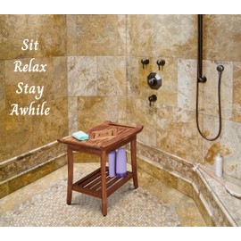 Luxury Teak Shower Bench Stool Seat Chair with Leveling Feet, Waterproof, Teak Oil Finish, Large, 25x19x14, for Bathroom, Spa, Sauna, Pool Deck, Patio, Garden, RV, from Our Diamond Collection