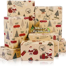 8 Sheets Christmas Wrapping Paper Set, Kraft Christmas Wrapping Paper Sheets for Men Women Kids, Christmas Tree, Santa Claus, Reindeer Gift Wrapping Paper for Xmas New Year Holiday Party, 20×28 inch