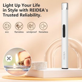 REIDEA Lighter Electronic for Candle, Windproof Flameless USB Rechargeable Arc Lighter with Safe Button and Power Indicator for Candle, BBQ, R1, White