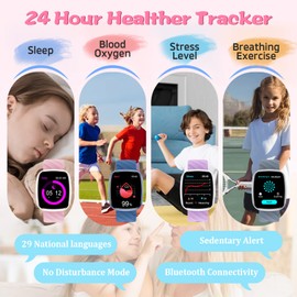 Smart Watch for Kids Fitness Activity Tracker for Boys Girls, Waterproof, Puzzle Games, Alarm Music, Sport Mode, Heart Rate, Sleep, Pedometer, Children Smartwatch Birthday Gift for Teens, Pink