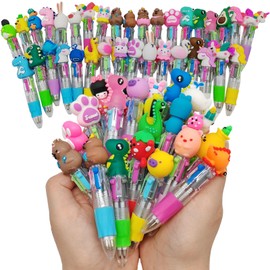 XIAONAN 50PCS Multicoloured Pens All in One,Cartoon 4-Color Ballpoint Pen Retractable Party Bag Pens for Office School Party Supplies.