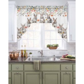 BEMIGO Easter Curtain Valance for Window, Farmhouse Cute Bunny Swag Curtains, Spring Flowers Valance for Kitchen Bedroom, Rod Pocket Window Valance Curtains Over Sink 56" W x 36" L