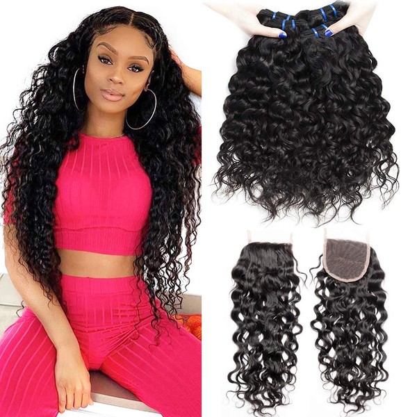 Water Wave Human Hair Bundles with Closure Brazilian Virgin Hair Curly Weave Bundles Human Hair Natural Black Colour Can be Dyed 3 Bundles and Free Part 4x4 Lace Closure 20 22 24 + 18 Inches