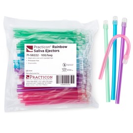 Practicon Rainbow Disposable Saliva Ejectors, 4 Assorted Bright Colors, Dental Evacuation Suction Tips, 100 Pack