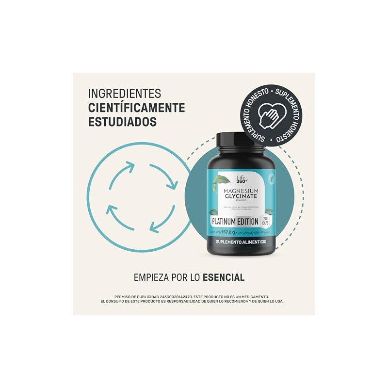 Life 360 Glicinato Magnesio 240 Cápsulas 655 Miligramos Colágeno Hidrolizado