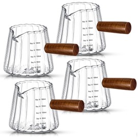 Jingmore 4 Pcs 6 Oz/180 ml Espresso Shot Glass with Wood Handle, Espresso Accessories, Single Spouts Milk Frother Measuring Cup with Clear Scale Heat Resistant for Coffee Milk Tea Syrup (Clear)
