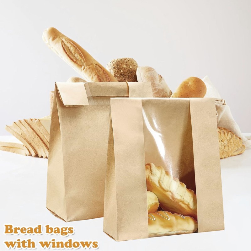 50PCS Bread Bag Kraft Paper Transparent Window Baked Food Packaging