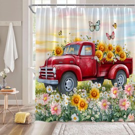 Spring Flower Shower Curtain Vintage Red Truck Colorful Flowers Butterfly Nature Rustic Scenery Bathroom Decor Fabric Curtain with Hooks,70" WX70 H Inches
