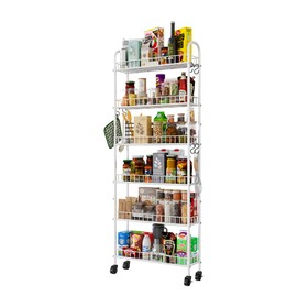 Qiaoxuan 6 Tier Slim Rolling Storage Cart with Wheels, Metal Mobile Shelving Unit Organizer Utility Cart for Office Bathroom Kitchen Laundry Room Narrow Places (White 6 Inches)