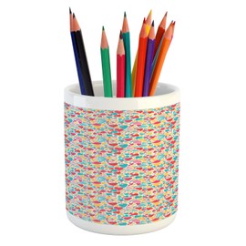 Ambesonne Hearts Pencil Pen Holder, Colorful Hearts for Valentines Day Love Childish Hand Drawn Happiness Joy Theme, Printed Ceramic Pencil Pen Holder for Desk Office Accessory, Multicolor