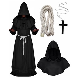 Túnica de Disfraz Halloween,Túnica de Sacerdote con Capa para Hombre y Mujer,Sombrero y Collar de Cruz,Traje de Brujo,Perfecto para Fiestas y Cosplay. (Negro, M)