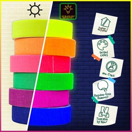 6-Pack Neon Gaffer Tape – 0.6 or 1 inch UV Blacklight Reactive Glow in The Dark Tape, Best for Parties, Dance Floors, Theaters & DIY Projects – 6 Vibrant Colors (1 inch x 15 feet)