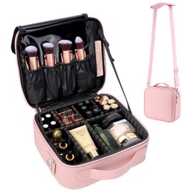 GZCZ GZCZ Makeup Bag Organizer 10.2'' Travel Makeup Train Case Cosmetic Brush Organizer Portable Artist Storage Bag with Adjustable Dividers and Shoulder Strap for Makeup Accessories (Small Pink)
