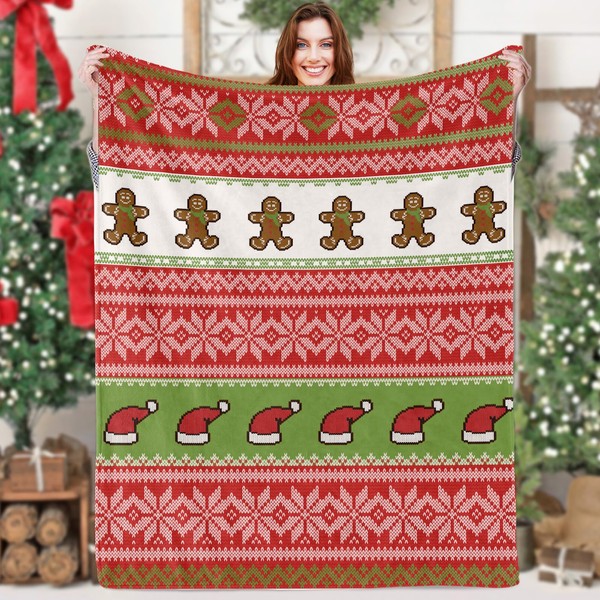 Cuddly Blanket Christmas 130 x 150 cm, Red Green Warm Christmas Blanket Fleece Blanket with Knitted Pattern, Fluffy Gingerbread Man Christmas Flannel Blanket for Winter Christmas Decoration Gift Sofa