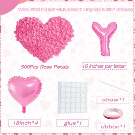 16 Inches Pink 'WILL YOU BE MY GIRLFRIEND' Proposal Letter Balloons with Heart-Shaped Foil Balloons and Rose Petals for Romantic Special Night Decorations, Engagements, Proposals, and Valentine's Day