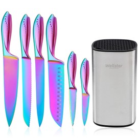 WELLSTAR Rainbow Knife Set - 7-Piece Iridescent German High-Carbon Stainless Steel Kitchen Knives with Universal Knife Block, Colorful Kitchen Cutlery for Cooking and Food Prep