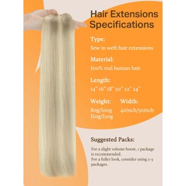DOORES DOORES Weft Hair Extensions Human Hair, Ash Blonde Highlighted Platinum Blonde 18 Inch 100g Sew in Extensions Natural Straight