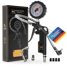 Hardtwerk® Tyre Inflator Tyre Pressure Gauge - Pressure Gauge Measuring Range: 0-12 Bar - 304 Stainless Steel Hose - Air Pressure Gauge for Car, Motorcycle, Car, Truck Tyre Inflation Gauge