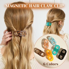 Magnetic Hair Clips 2-Pack | Hair Clips for Styling & Thick Hair | Claw Clips & Barrettes for Women | Strong Hold Non-Slip No-Crease Hair Barrettes (Leopard Print + Black)