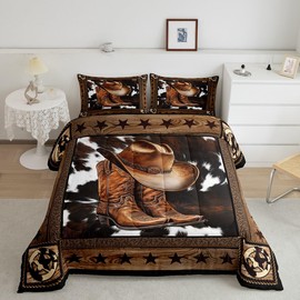 Manfei Western Cowboy Comforter Set Twin Size,Western Texas Star Wooden Plank Rustic Bedding Set,Boys Girls Adults Room Decor,Cow Fur Farmhouse Down Comforter,Brown Retro Duvet Insert,1 Pillowcase