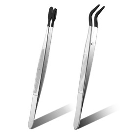 2 Pcs Rubber Tipped Tweezers, Coated Tweezers Set Rubber Straight Flat Long Bent Tweezer for Crafts Stamp Coins Jewelry Hobby Industrial Tweezer Tools