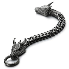 COOLSTEELANDBEYOND Men Grey Black Steel Square Franco Chain Curb Chain Bracelet Dragon Head with Scales Spiked Horn(CA)