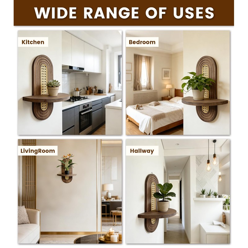 Wooden Arched Floating Shelf, Boho Rattan Wall Shelf