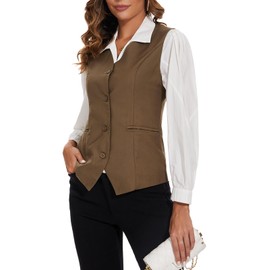 MINTLIMIT Women's Waistcoat Vest Fully Lined 4 Button V-Neck Suit Formal Vest Double Welts Pocket Office Gilet (Brown M)