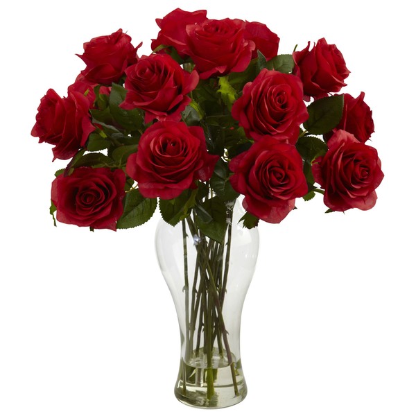 Nearly Natural 1328-RD 18in. Blooming Roses with Vase,Red,13x13x18