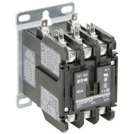 Eaton C25DNF340B. Definite Purpose Contactor, 50mm, 3 Poles, Box Lugs, Quick Connect Side By Side Terminals, 40A Current Rating, 3 Max HP Single Phase at 115V, 10 Max HP Three Phase at 230V, 20 Max HP Three Phase at 480V, 208-240VAC Coil Voltage