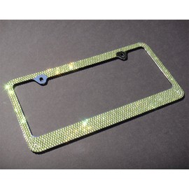 Premium 7 Rows Green Crystal Rhinestone-Metal Chrome License Plate Frame with Two Caps(Green-A Type)