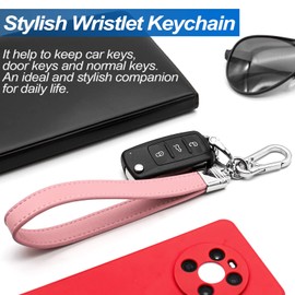 INFIPAR Car Fob Key Chain Genuine Leather Wristlet Strap Keychains Holder for Men and Women, 360 Degree Rotatable, with Anti-lost D-Ring, Carabiner Clip and 4pcs Key Rings, Pink