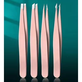 4pcs Set Professional Tweezers Set Perfect for Hair Removal & Splinter (Stainless Steel Pink)