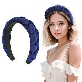 LOPHE Velvet Braided Headband, Twisted Braid Rough Edge Hair Band, Non-Slip Twisted Knotted Headband, Cute Vintage Style Braided Hairband, Makeup Headbands for Women (Dark Blue)