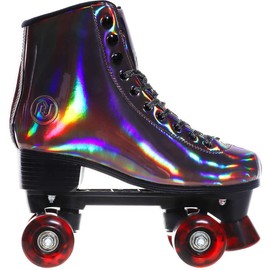 JajaHoho Roller Skates for Women, Black Holographic High Top PU Leather Rollerskates, Shiny Double-Row Four Wheels Quad Skates for Girls and Age 8-50 Indoor Outdoor (Golden Black) - Color: Golden Black, Size: US 6