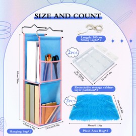 Geelin 6 Pcs Blue Locker Organizer and Decoration Kit School Hanging Selves Organizer with 2 Expandable Locker Shelf, 2 Mat, String Light Storage Shelf Accessories for Back to School Closet Decor