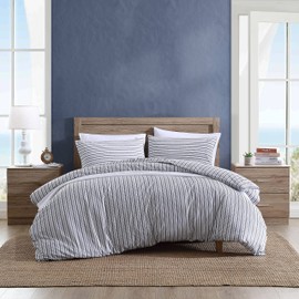 Nautica- Queen Duvet Cover, Cotton Reversible Bedding with Button Closure, Casual Home Décor for All Seasons (Coleridge Stripe Charcoal, Queen)